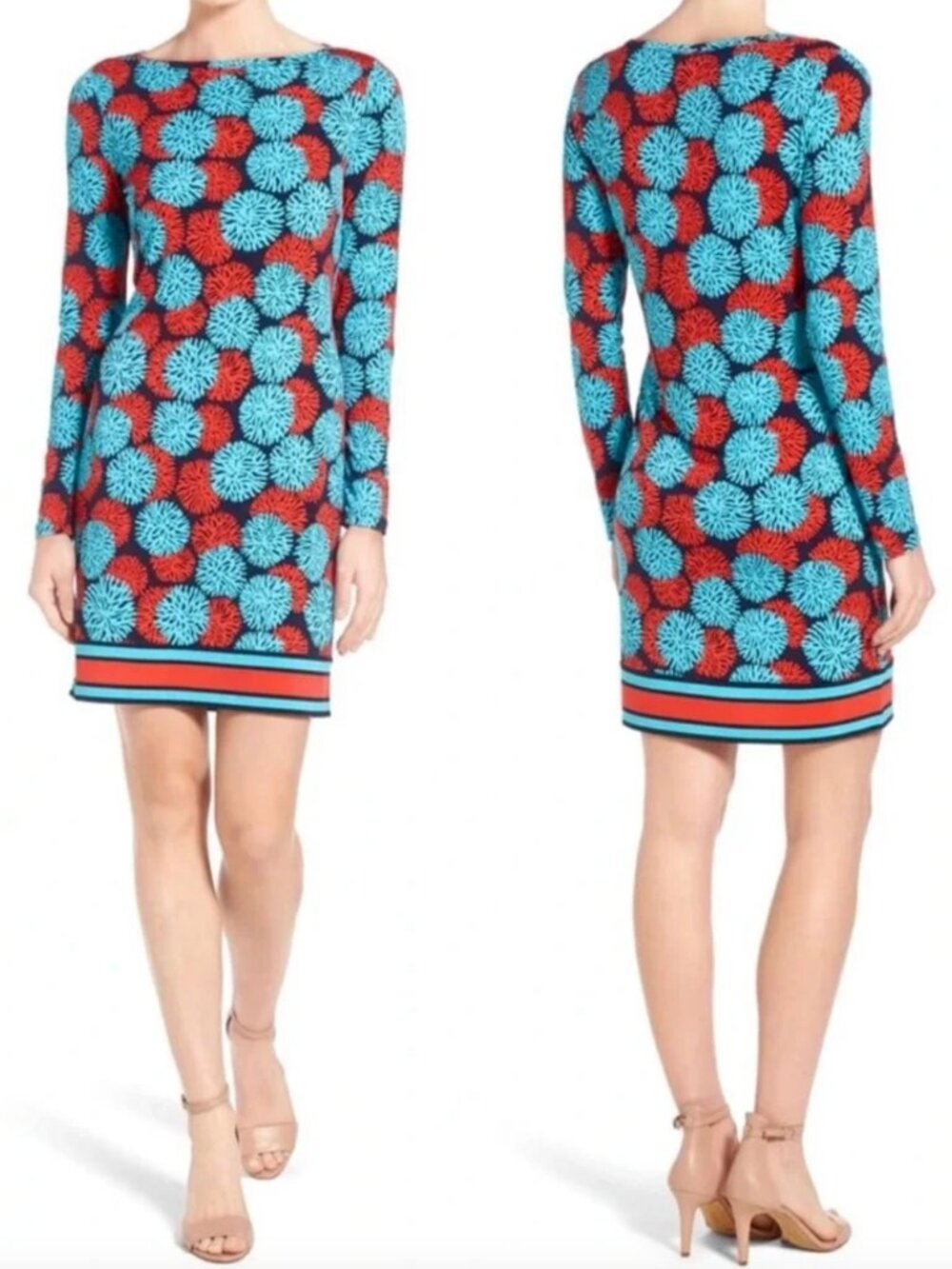 MICHAEL MICHAEL KORS MK McKenna Dress Blue Red Sea Coral Geo Preppy Long Sleeve